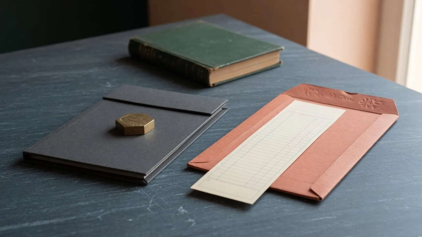 Charcoal folder with a brass weight, a blank payroll strip in a terracotta envelope, and a green account book set aside on slate