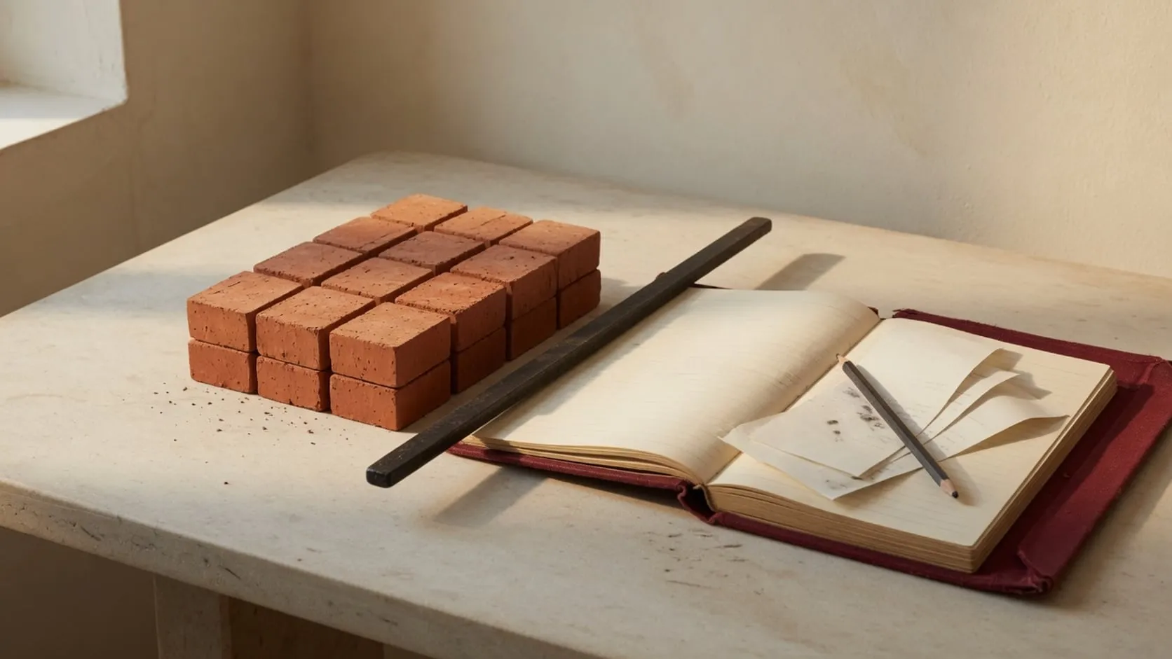 Clay bricks stacked beside an iron bar and an open burgundy ledger with receipts and a pencil on limestone
