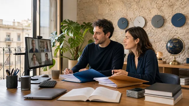 Autónomo en España revisando facturas internacionales y cobros con una asesora fiscal