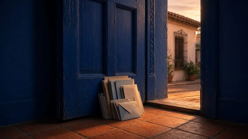 Puerta entreabierta al atardecer con carpetas en el umbral