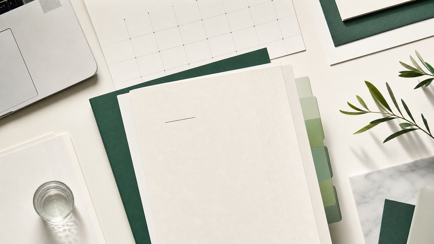 Mesa editorial premium con calendario, dossier y documentos para el blog de TaxFactory