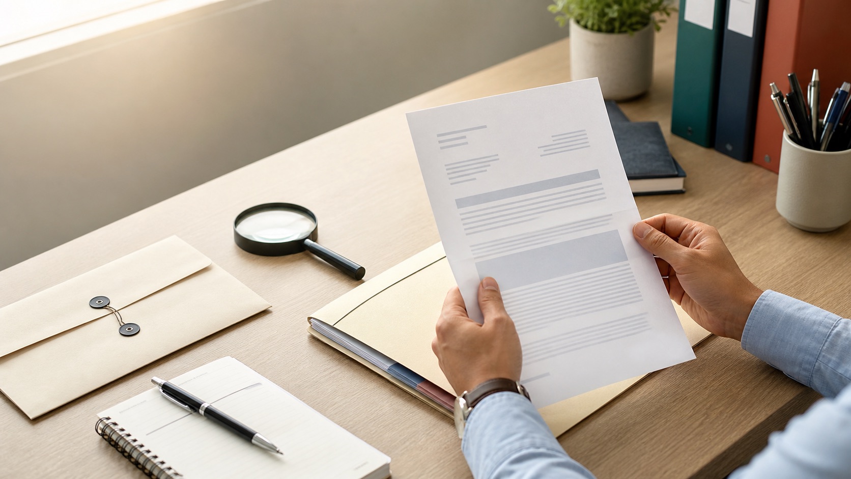 Responsable de una empresa revisando una notificación tributaria oficial junto a documentos contables ordenados