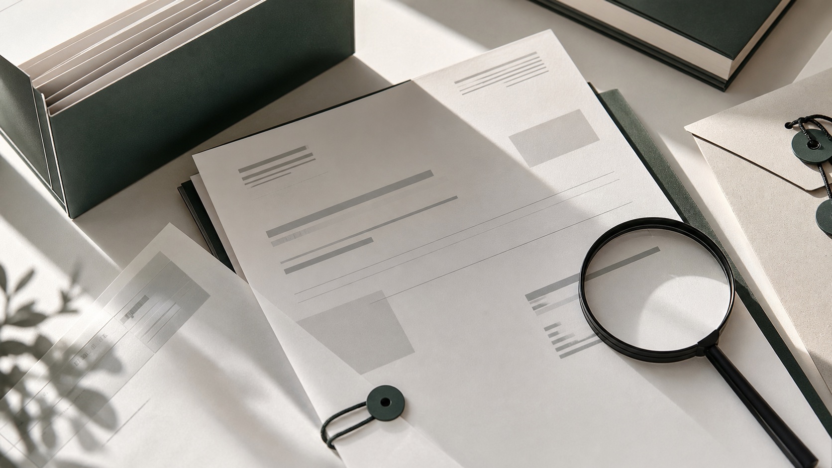 Mesa editorial con notificación tributaria, lupa y dossier de archivo para revisar un requerimiento de la AEAT