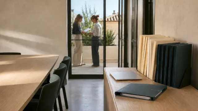 Carpetas ordenadas y portátil cerrado junto a una sala vacía mientras dos profesionales preparan documentación