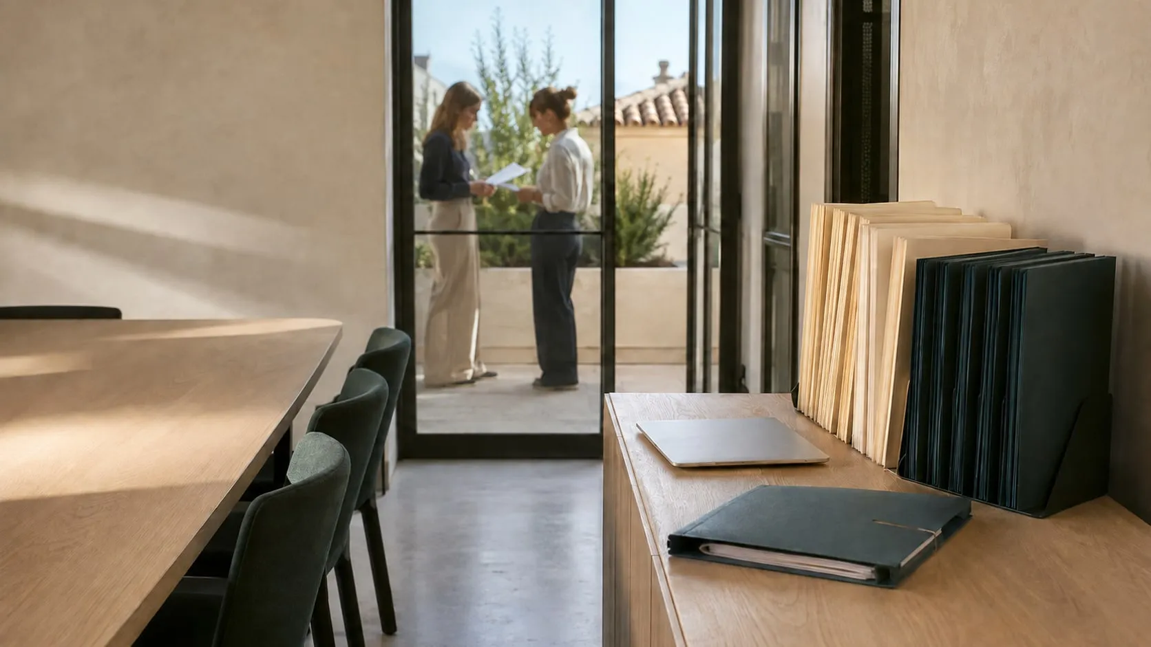 Carpetas ordenadas y portátil cerrado junto a una sala vacía mientras dos profesionales preparan documentación