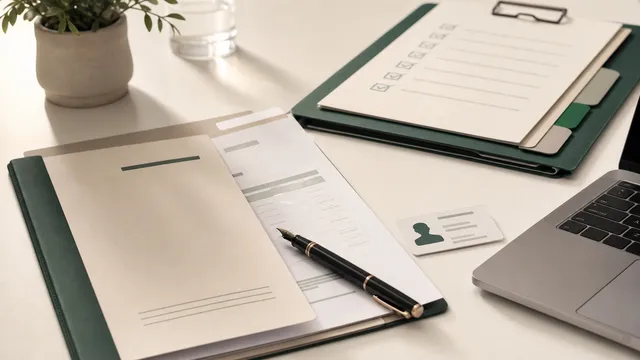 Small business desk with an employment contract, onboarding checklist, ID card and laptop