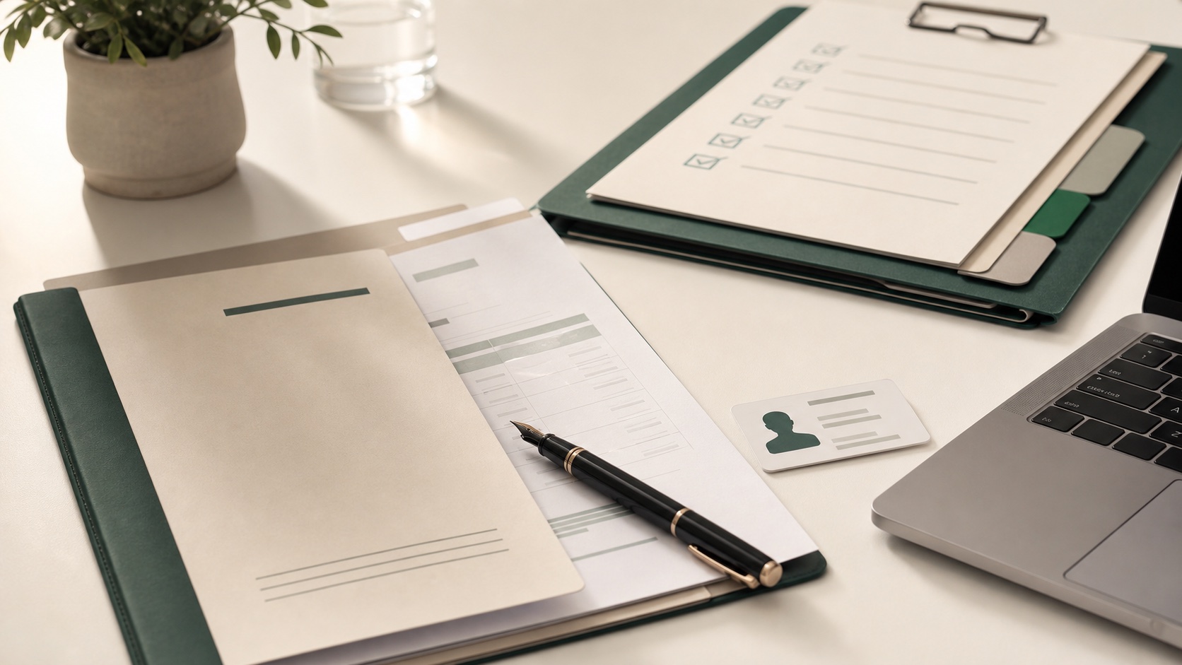 Mesa de pequeña empresa con contrato laboral, checklist de alta, identificador y portátil