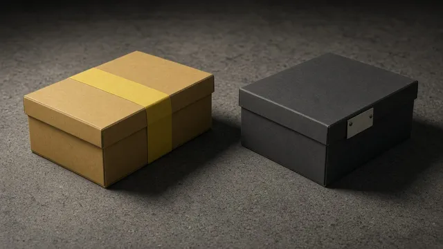 Dos cajas de archivo divergiendo, una con cinta amarilla de inspección