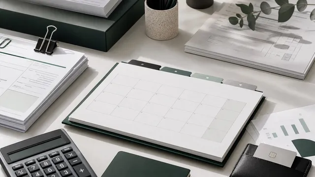 Editorial workspace with a quarterly calendar, calculator, invoices and tax documents for VAT and IRPF filing