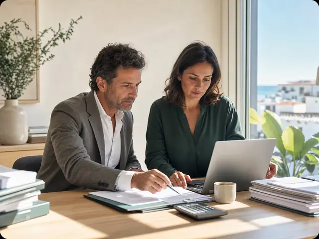 Imagen editorial representativa de dos asesores de TaxFactory revisando documentación fiscal en una oficina luminosa
