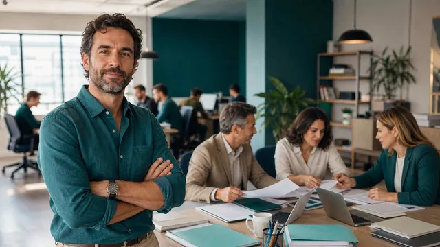 Equipo de una empresa en crecimiento reunido con sus asesores ante documentación financiera y societaria