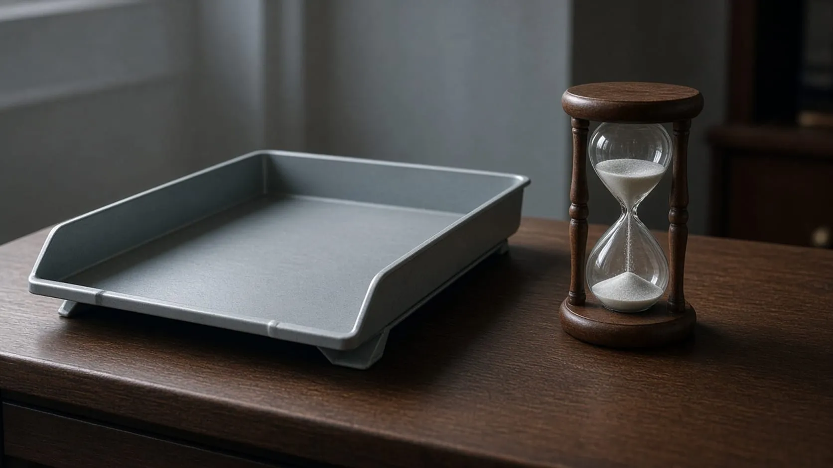 Bandeja metálica vacía y reloj de arena sobre escritorio