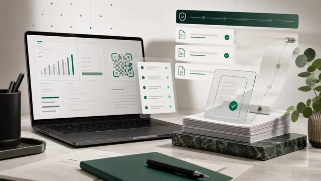 Laptop with invoicing software, digital records, verification code and VERI*FACTU compliance cues